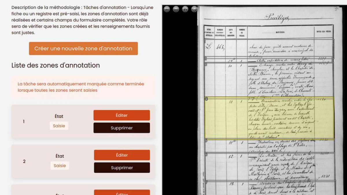 Photo de la segmentation des zones correspondant à des unités documentaires dans les inventaires de type registre.