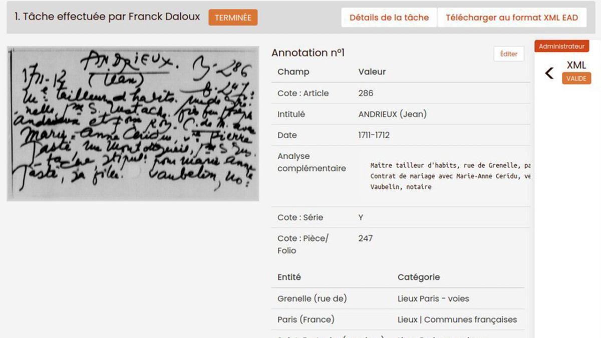 Visuel d'une transcription validée et indexée d’une fiche.