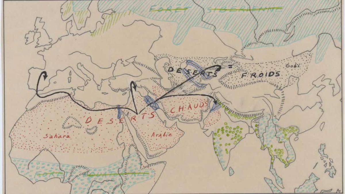 École des hautes études en sciences sociales Carte ancienne montrant les déserts chauds et froids d'Agrque du Nord, du Moyen Orient et d'Europe, avec des couleurs bleues, vertes et rouges.