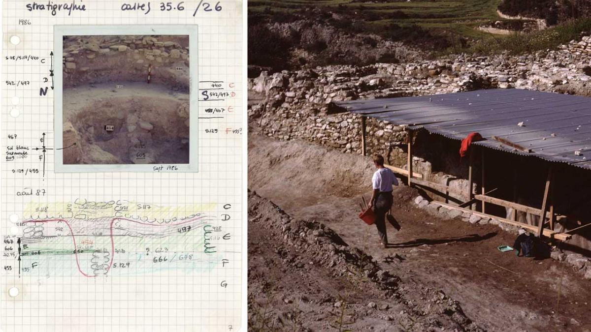 Mission archéologique française de Cap Andreas-Kastros et de Khirokitia. Vue d'un site de fouilles et d'un carnet de relevés des fouilles.