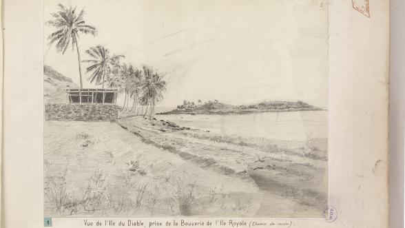 Gravure d'un paysage avec habitation, palmier, et bord de mer