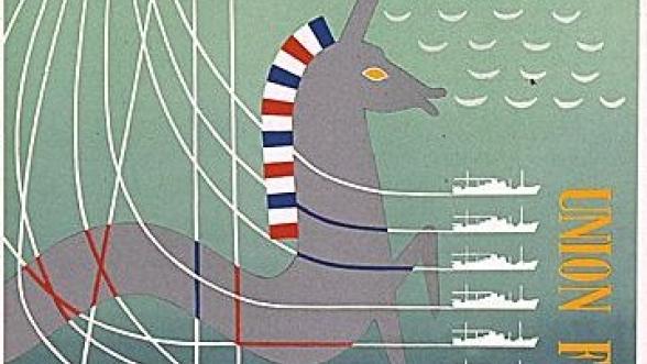 Affiche en couleur figurant une licorne grise avec crinière aux couleurs du drapeau français et des navires de commerce