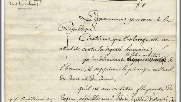 Brouillon manuscrit du décret d’abolition de l’esclavage annoté par Victor Schoelcher, 1848