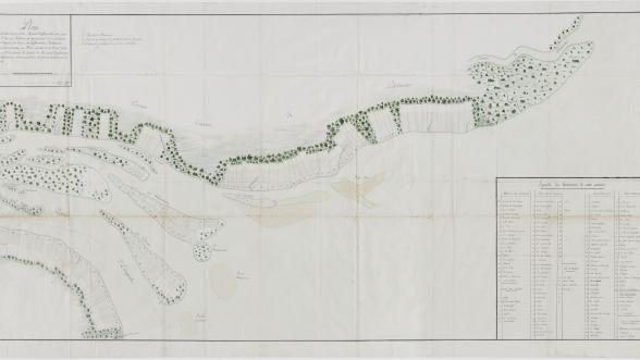 Plan en noir et blanc de la rivière d'Essequebo avec la légende des habitants de la colonie
