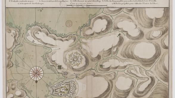 Plan en couleur de l'anse de l'habitation en l'île Malouines, par Lemoine, ingénieur (1766)