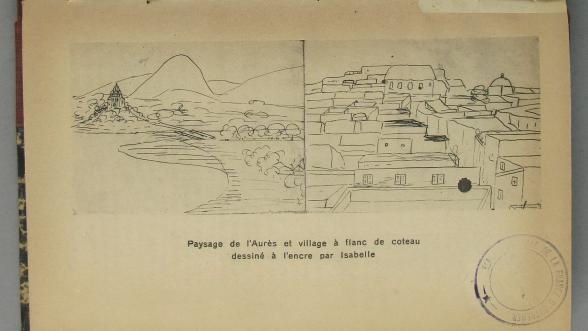 Page de l'ouvrage avec dessins en noir et blanc imprimé de paysage de l'Aurès et village dessinés par Isabelle Eberhardt
