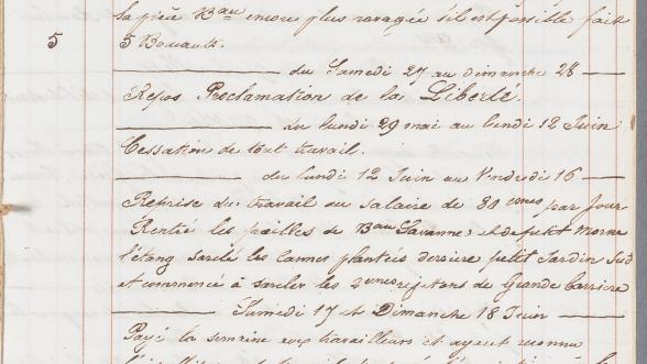 Page manuscrite du journal des travaux de l'habitation de mai 1848