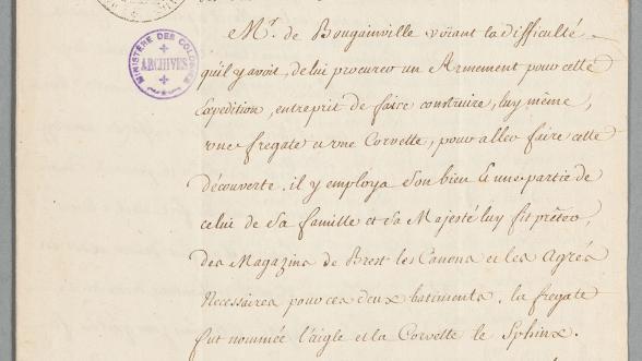 Rapport manuscrit sur la proposition de M. de Bougainville d'aller découvrir des îles à l'est du détroit de Magellan (1764)
