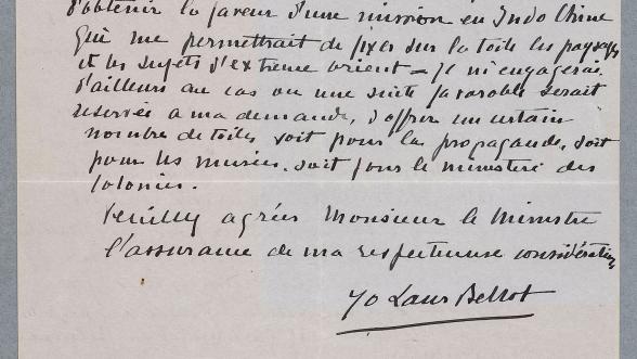 Lettre manuscrite de Yolande Bellot du 27 juin 1923 au ministre des Colonies.