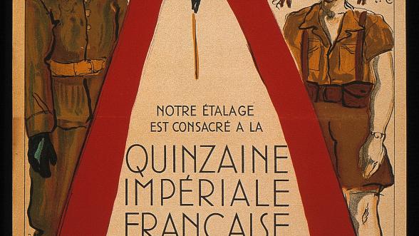 Affiche en couleur imprimée promouvant La deuxième quinzaine impériale française de 1940, 3 personnages sont représentés