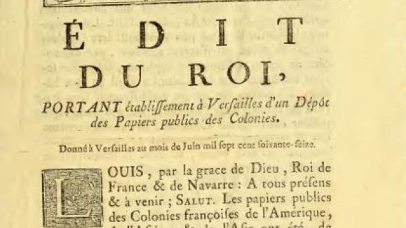 Document typographique d'une page de l'Édit royal de juin 1776 portant établissement à Versailles d’un Dépôt des papiers publics des colonies 
