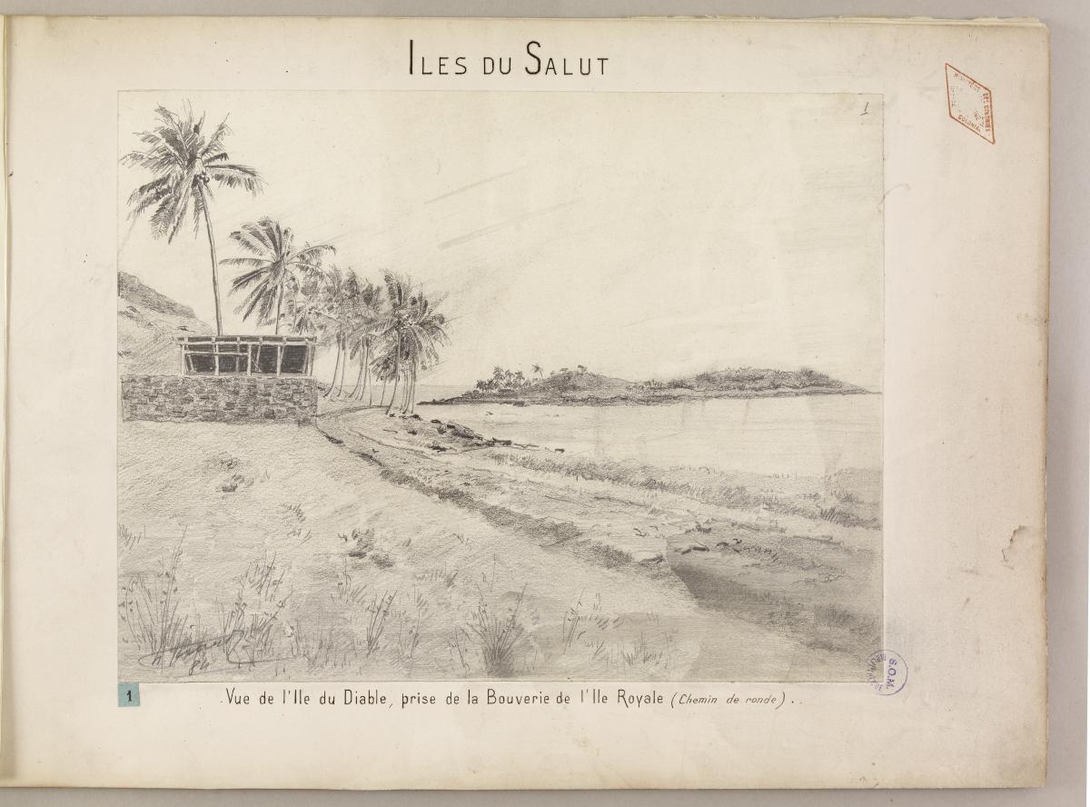 Gravure d'un paysage avec habitation, palmier, et bord de mer