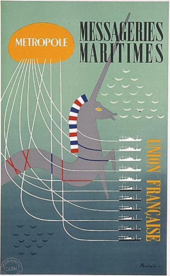 Affiche en couleur figurant une licorne grise avec crinière aux couleurs du drapeau français et des navires de commerce