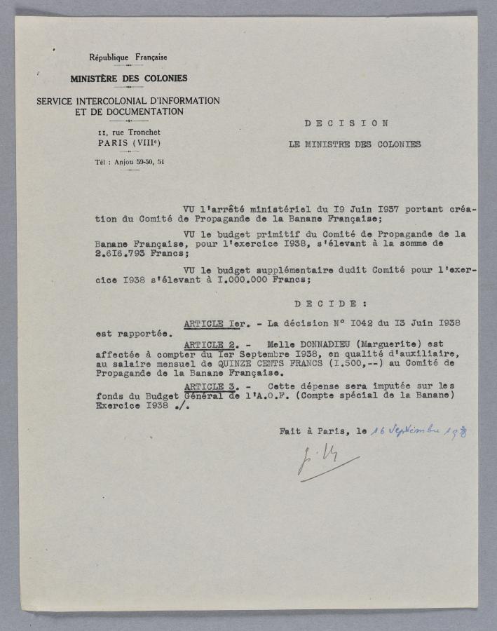 Arrêté de nomination de Marguerite DONNADIEU (Marguerite DURAS) au Comité de propagande de la banane française, 16 septembre 1938, FR ANOM EE II 6175