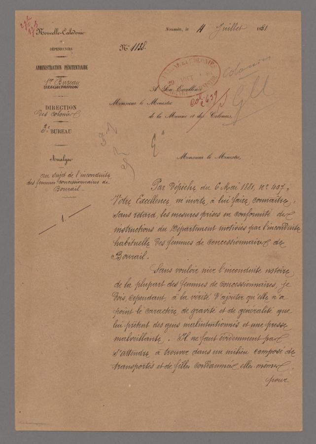 Lettre manuscrite au Ministre des Colonies sur les mesures à prendre pour réprimer « l’inconduite des femmes de concessionnaires ».
