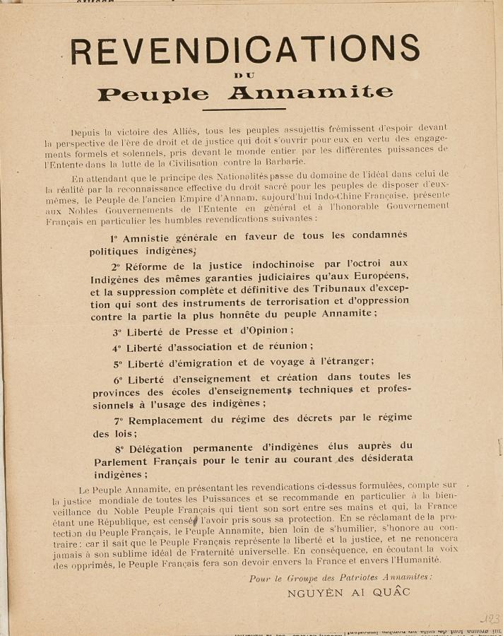 Affiche imprimée de 1919 portant sur les Revendications du peuple annamite