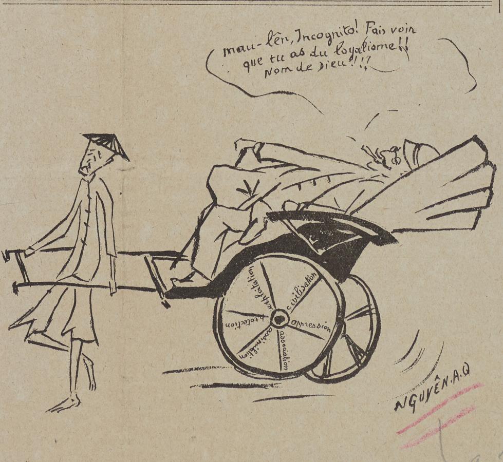 Caricature représentant une personne en costume de colon et fumant un cigare tirée sur un pousse-pousse par une homme vétu en costume traditionnel vietnamien.