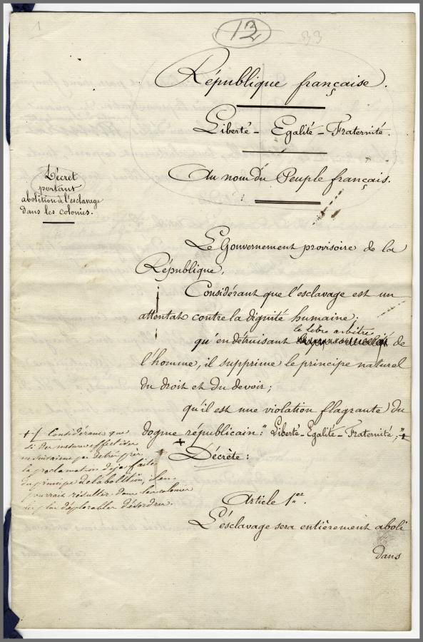 Brouillon manuscrit du décret d’abolition de l’esclavage annoté par Victor Schoelcher, 1848