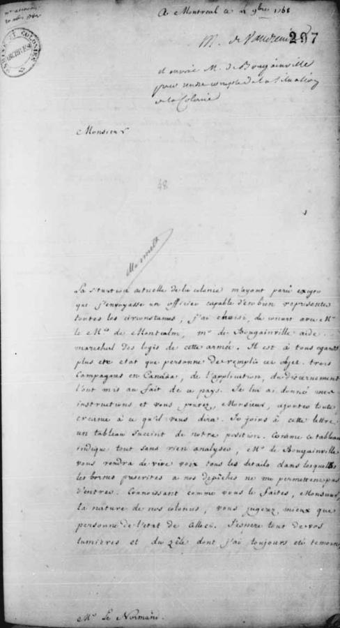 Lettre manuscrite de Vaudreuil où il annonce le choix, de concert avec Montcalm, de Louis-Antoine de Bougainville pour aller faire rapport en France de la situation de la colonie. (4 novembre 1758, à Montréal)