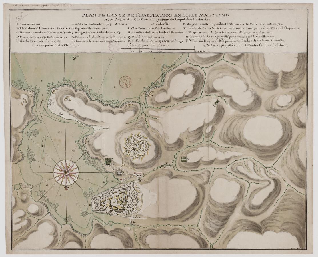 Plan en couleur de l'anse de l'habitation en l'île Malouines, par Lemoine, ingénieur (1766)