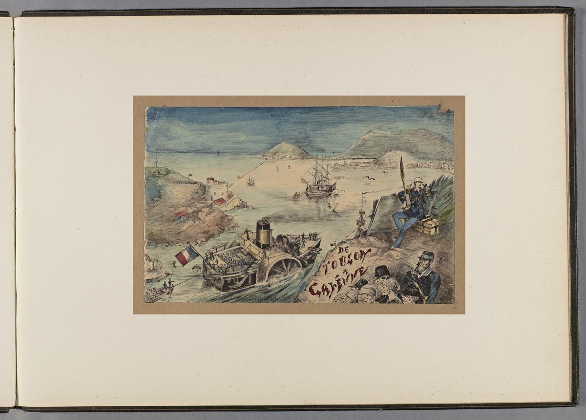 Dessin à la plume et à l'aquarelle en couleur représentant un paysage et l'arrivée d'un navire dans la baie de Cayenne