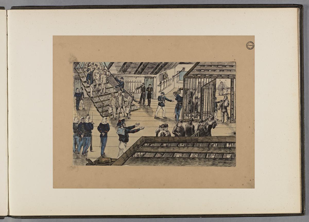 Aquarelle représentant Répartition des forçats dans les cages aménagées dans une cale de bâteau