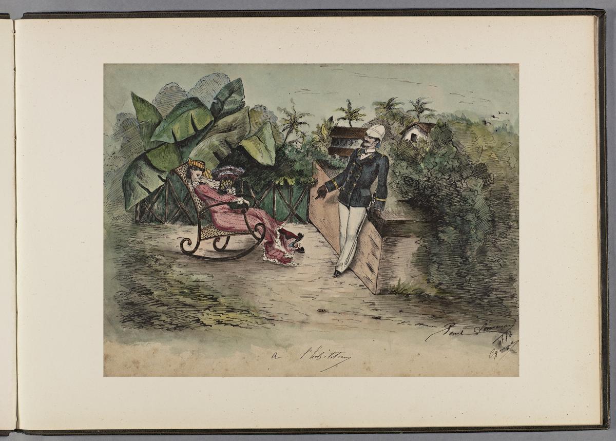 Dessin à la plume et l'aquarelle en couleur représentant un officier du bagne et sa femme