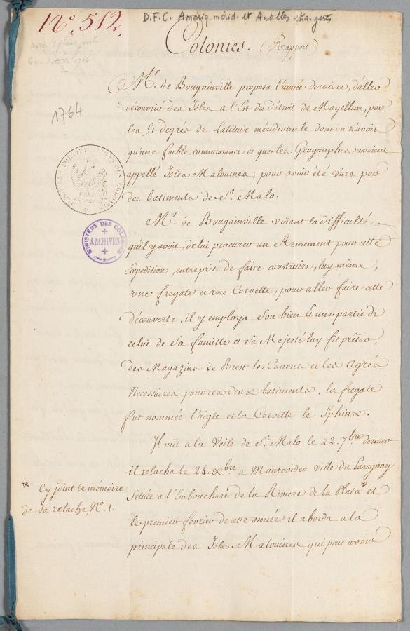 Rapport manuscrit sur la proposition de M. de Bougainville d'aller découvrir des îles à l'est du détroit de Magellan (1764)