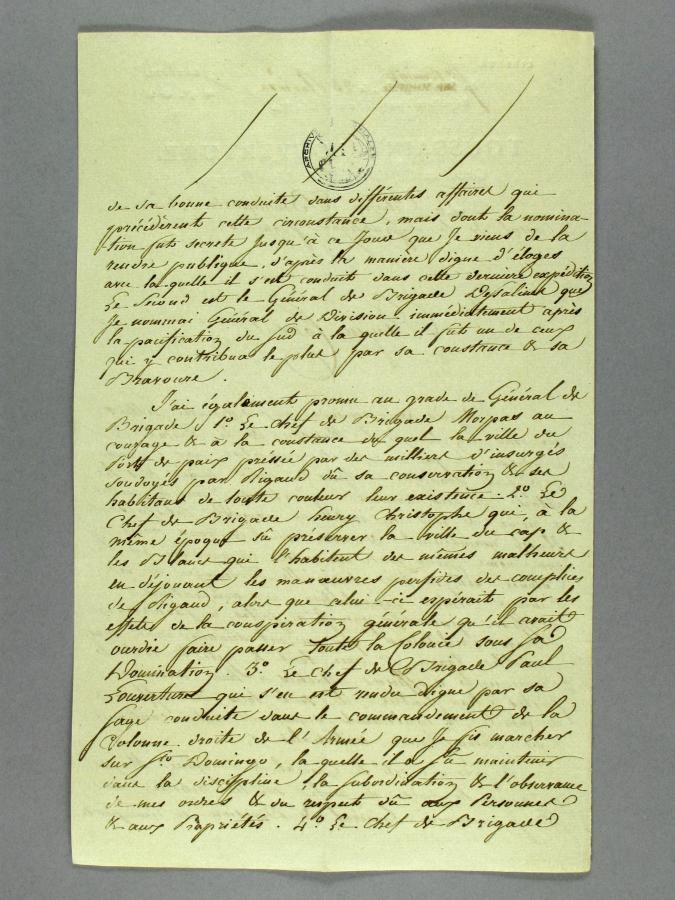 Texte manuscrit, extrait du dossier de Toussaint Louverture