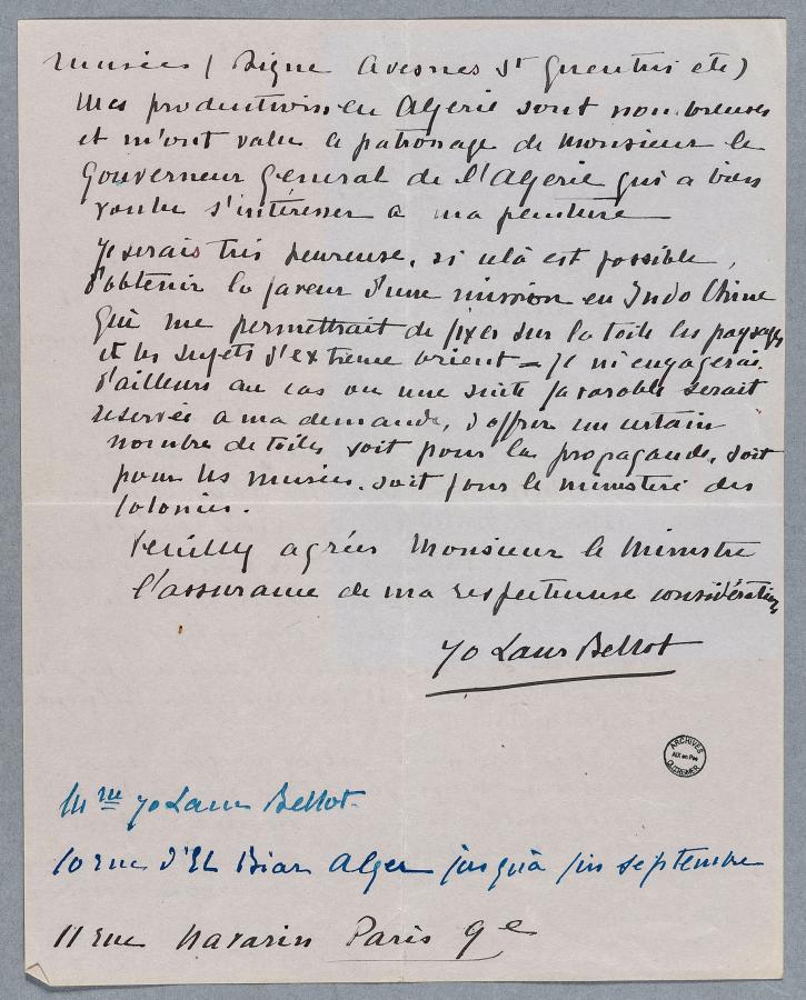 Lettre manuscrite de Yolande Bellot du 27 juin 1923 au ministre des Colonies.