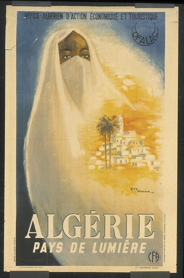 Affiche imprimée avec figure féminine voilée encadrant la représentation d'un village