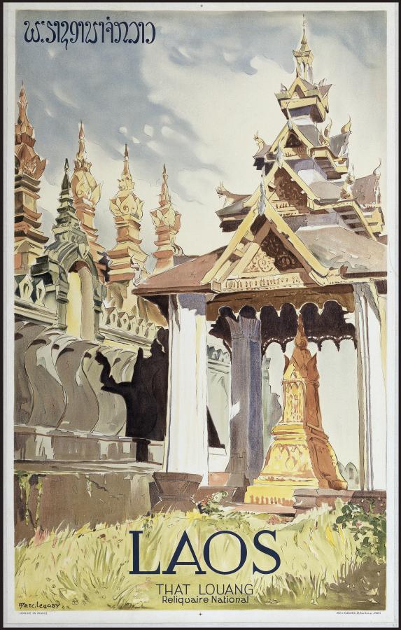 Affiche en couleur illustrée de l'édifice religieux de That Luang ainsi que le reliquaire avec du texte en laotien