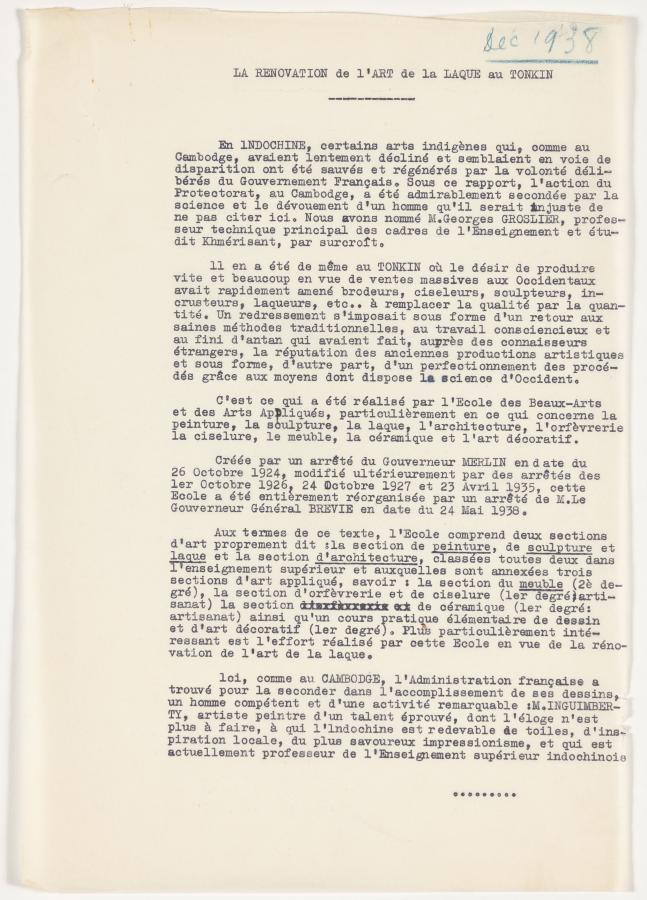 Document typographique présentant la rénovation de l'art de la laque au Tonkin