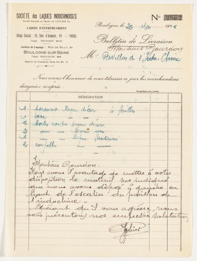 Bulletin de livraison manuscrit.