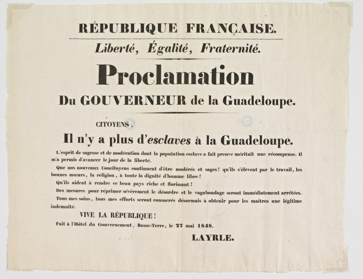 Fascicule imprimé de la proclamation du gouverneur de la Guadeloupe à propos de l'abollition de l'esclavage
