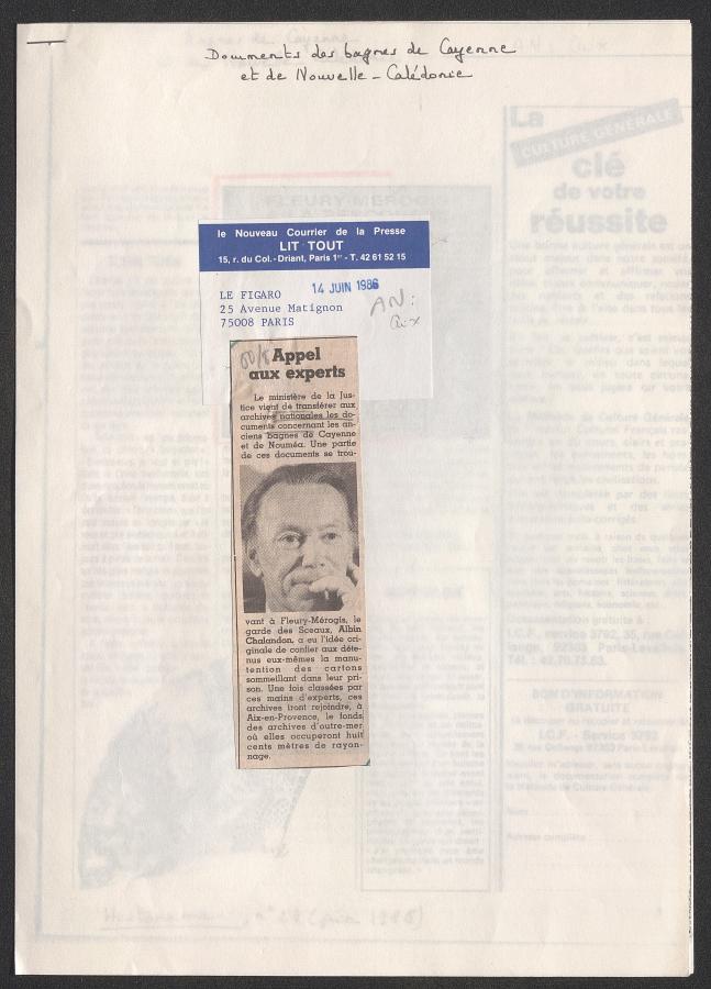 Brève du Figaro du 14 juin 1986 sur le versement des fonds du bagne