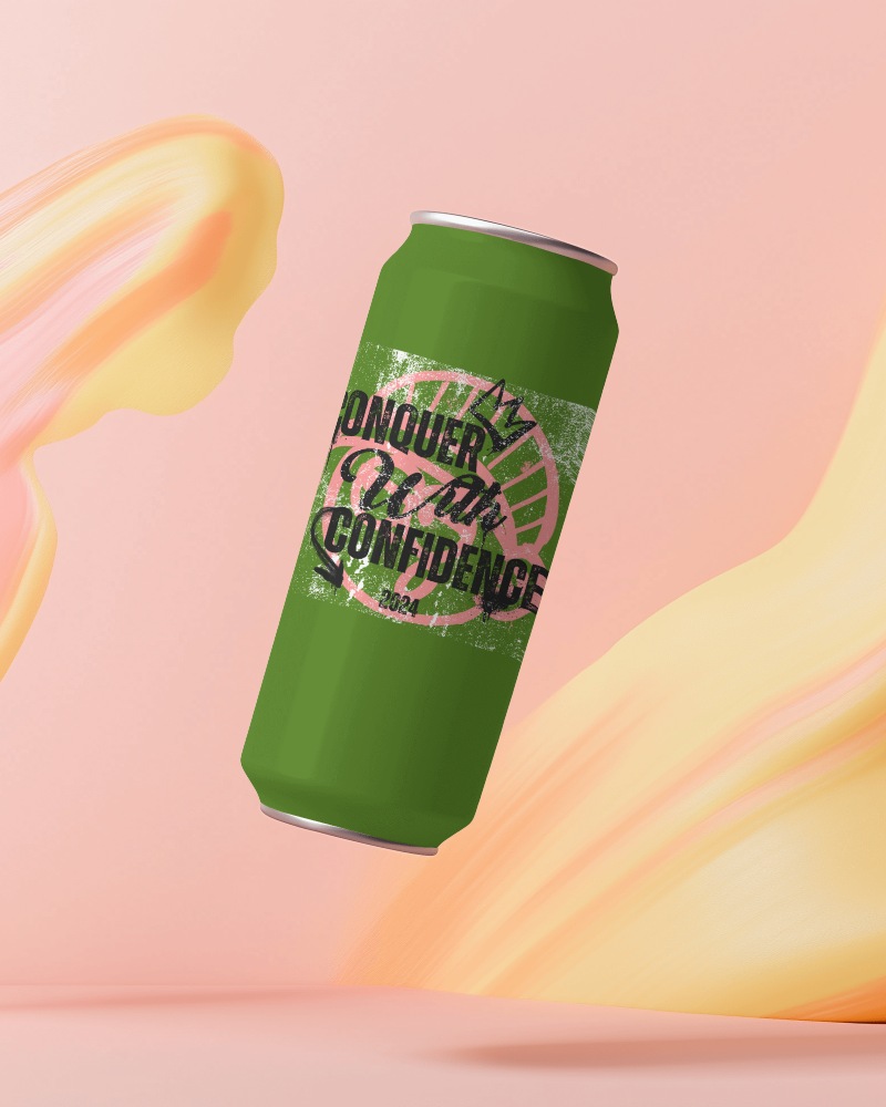 Floating Green Can Mockup On Pastel Pink Background With Fluid Art Modern And Vibrant Brand Presentation