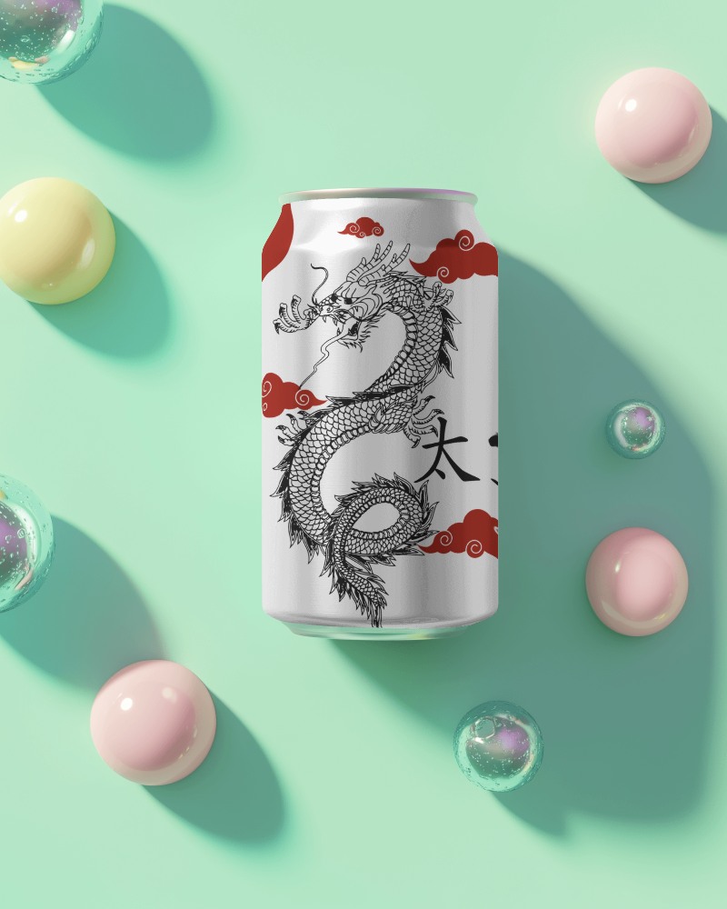 Soda Can Mockup With Light Green Background With Colorful Spheres