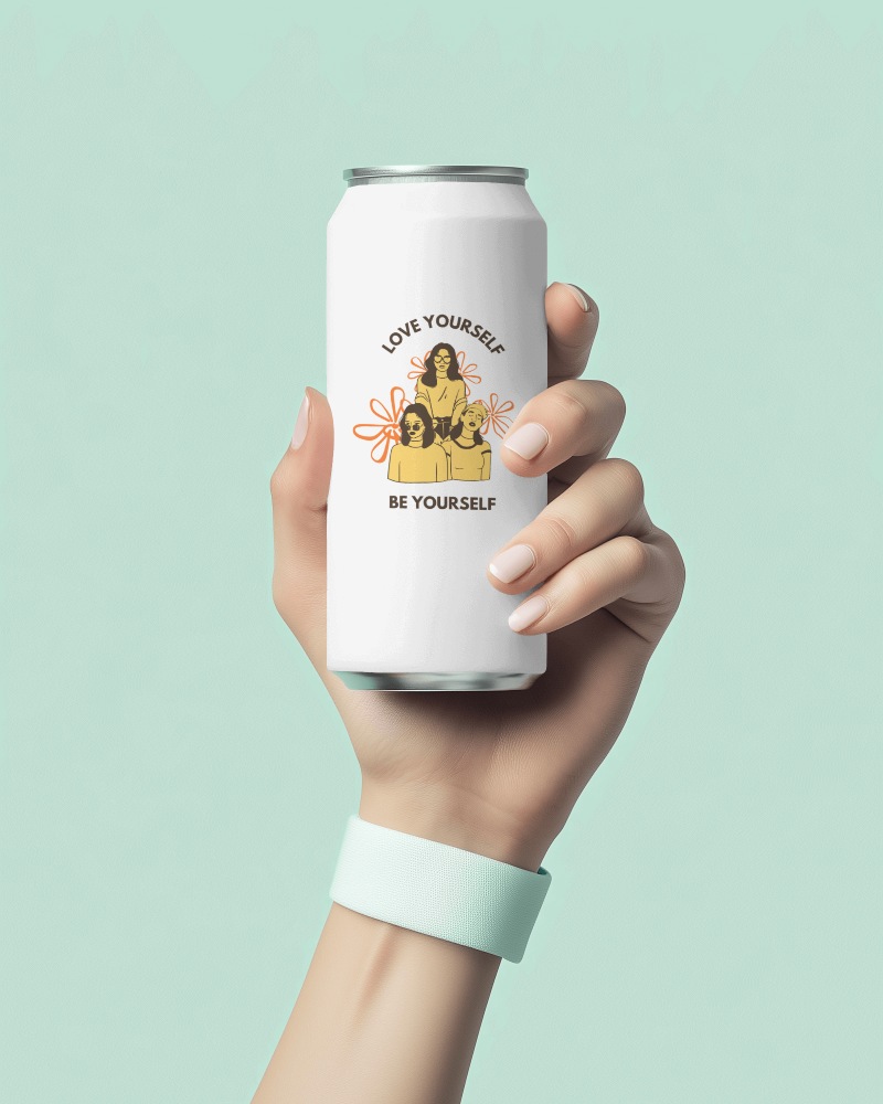 Stylish Can Mockup Hand Holding Against Pastel Green Background Modern And Minimalist Branding Showcase