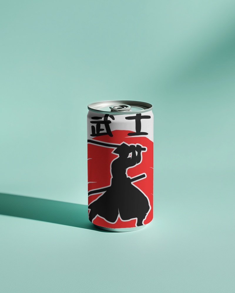 Samurai Themed Soda Can Mockup With Japanese Characters And Silhouette On Light Blue Background