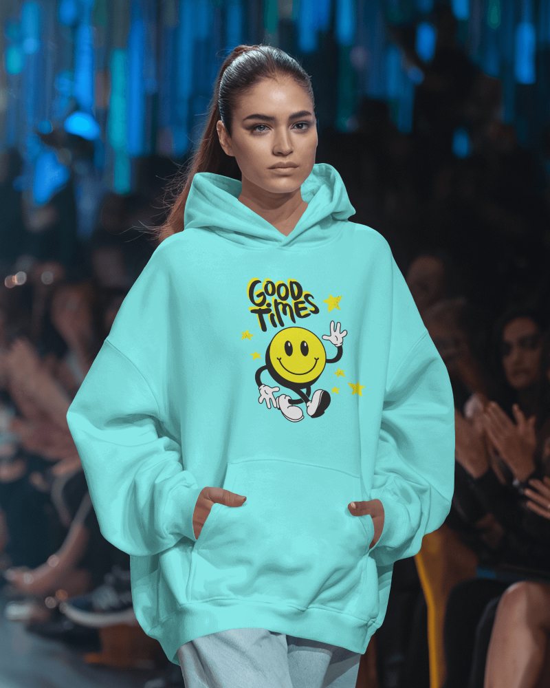 Runway Fashion Hoodie Mockup Female Model Confident Expression Soft Blue Color Playful Graphic Design
