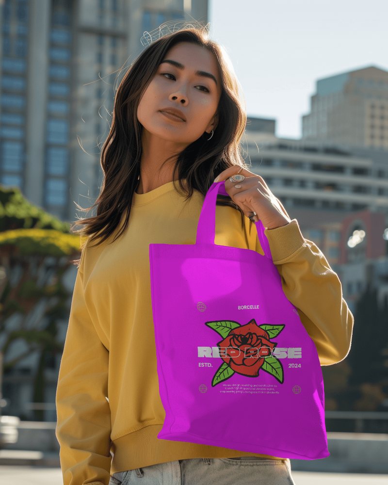 Asian Woman Holding Tote Bag Mockup In Right Hand