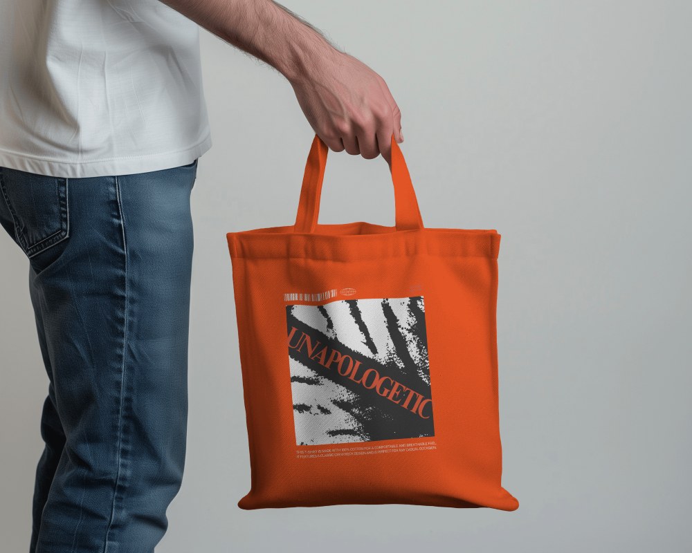 Man Holding Tote Bag Mockup In Right Hand