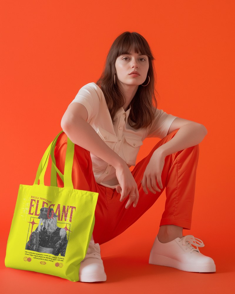 Tote Bag Mockup Photoshoot With A Woman Sitting On Floor