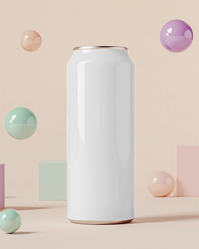 Soda Can Mockup With Colorful Floating Spheres On Light Pink Background