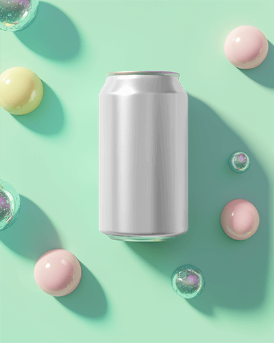 Soda Can Mockup With Light Green Background With Colorful Spheres