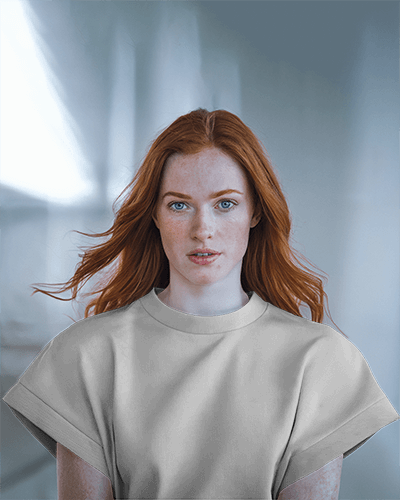 Neutral Interior T Shirt Mockup Female Model With Red Hair In Soft Lighting Modern And Minimal Look 0571
