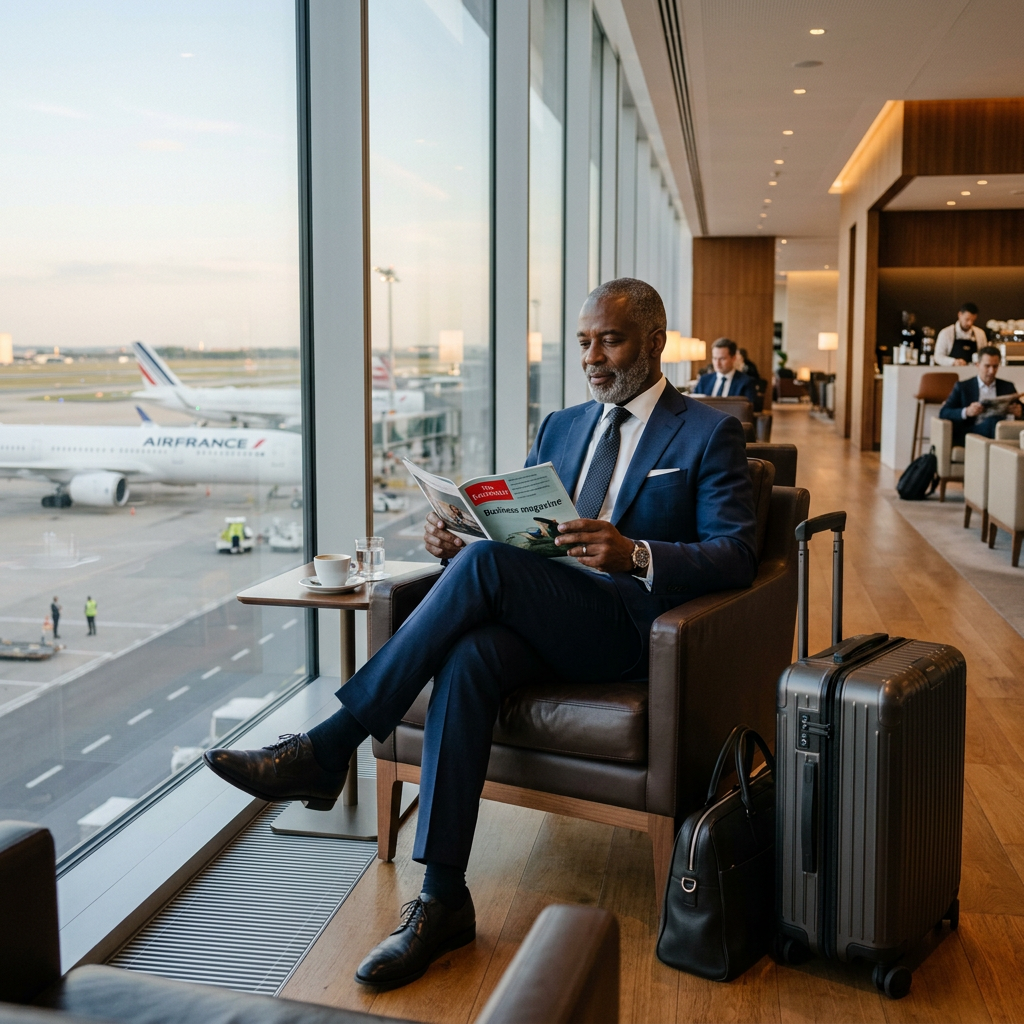 Un chef d'entreprise dans un lounge pour un voyage d'affaires 