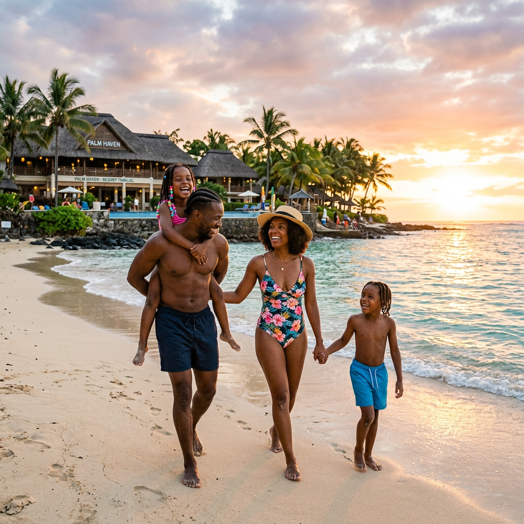 Une famille sur une plage proche de l'hôtel
