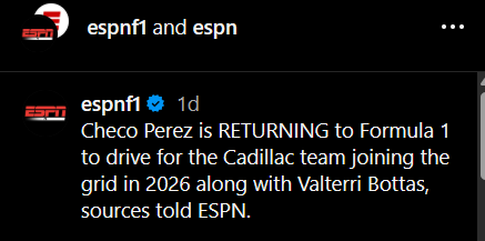 Sergio Pérez and Valtteri Bottas to drive for Cadillac in 2026